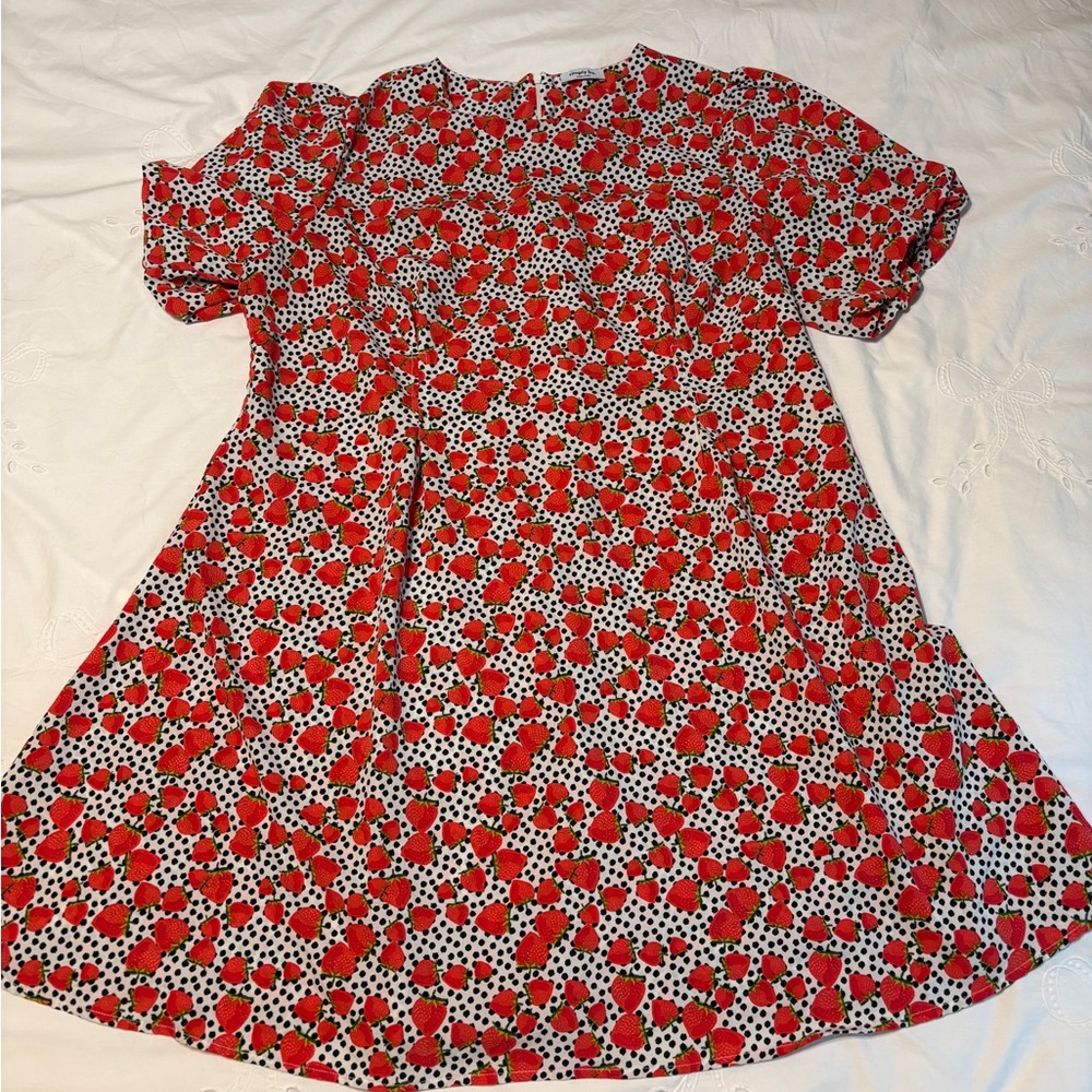 Strawberry Puff Sleeve A-Line Midi Dress